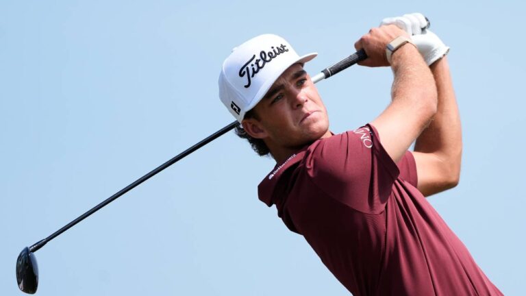 Jackson Koivun hits from the sixth tee during the first round of the 3M Open golf tournament at the Tournament Players Club Thursday, July 23, 2026, in Blaine, Minn. (Bruce Kluckhohn/AP)