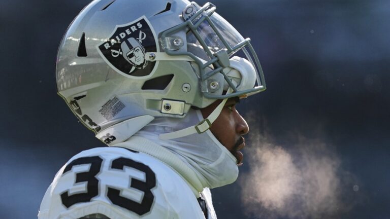Las Vegas Raiders linebacker Jamal Adams warms up before an NFL football game against the Philadelphia Eagles on Sunday, Dec. 14, 2025, in Philadelphia. (AP Photo/Matt Rourke)