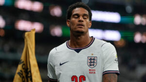 England's Jarell Quansah (26) leaves the field after receiving a red card during the World Cup round of 16 soccer match between Mexico and England in Mexico City, Sunday, July 5, 2026. (Ricardo Mazalan/AP)