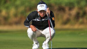 Jeeno Thitikul, of Thailand, lines her putt on the 17th green during the first round of the Women's British Open golf championship in Lytham St Annes, England, Thursday, July 30, 2026. (Jon Super/AP)