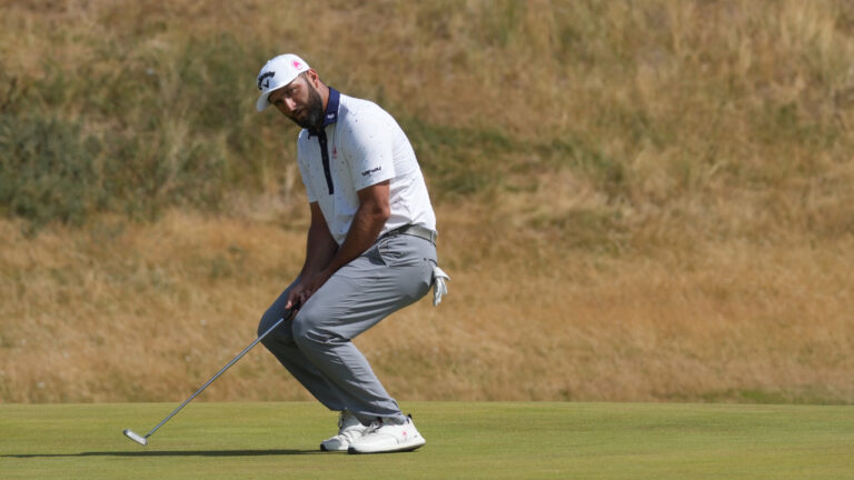 Jon Rahm of Spain reacts after putting on the 6th green during the first day of the British Open Golf championships at Royal Birkdale golf club, in Southport, England, Thursday, July 16, 2026. (Jon Super/AP)