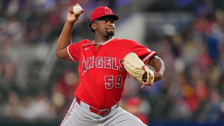 Los Angeles Angels starting pitcher Jose Soriano throws to the Texas Rangers during the third inning of a baseball game, Tuesday, July 7, 2026, in Arlington, Texas. (Julio Cortez/AP)