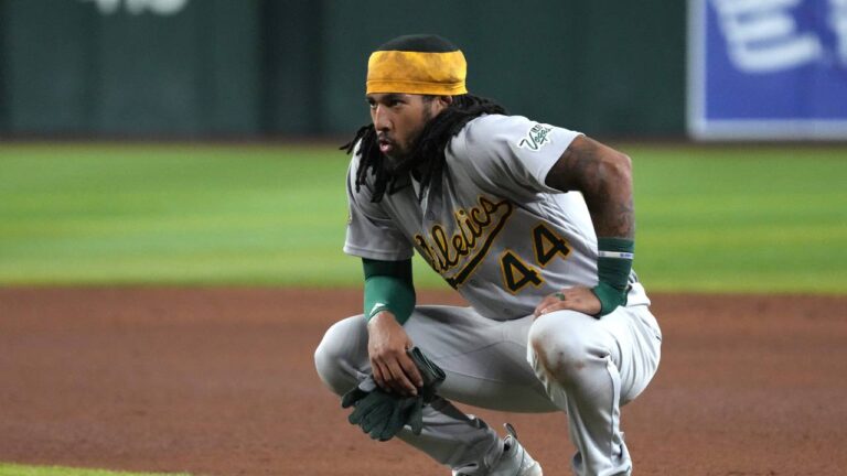 Athletics shortstop Joshua Kuroda-Grauer (44) in the first inning of a baseball game against the Arizona Diamondbacks, Monday, July 20, 2026, in Phoenix. (Rick Scuteri/AP)