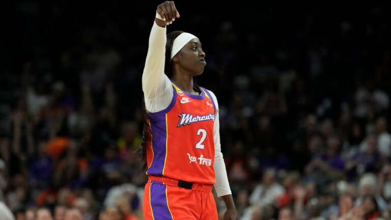 Phoenix Mercury guard Kahleah Copper celebrates a 3-pointer against the Seattle Storm during the second half of a WNBA basketball game, Thursday, July 2, 2026, in Phoenix. (Ross D. Franklin/AP)