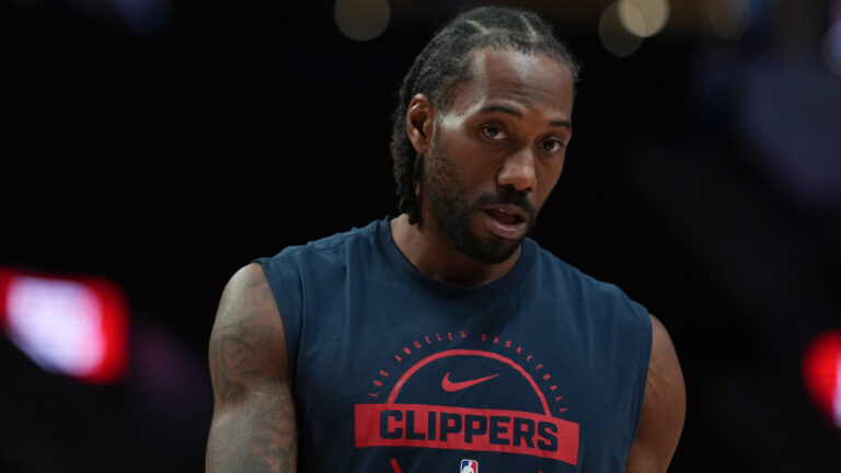 Los Angeles Clippers forward Kawhi Leonard warms up before an NBA basketball game Friday, April 10, 2026, in Portland, Ore. (Jenny Kane/AP)