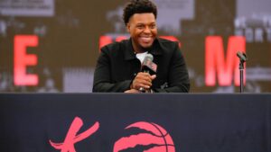 Kyle Lowry speaks at a press conference as he signs a one-day contract to retire as a Toronto Raptor, in Toronto, on Tuesday, July 7, 2026. THE CANADIAN PRESS/Chris Young