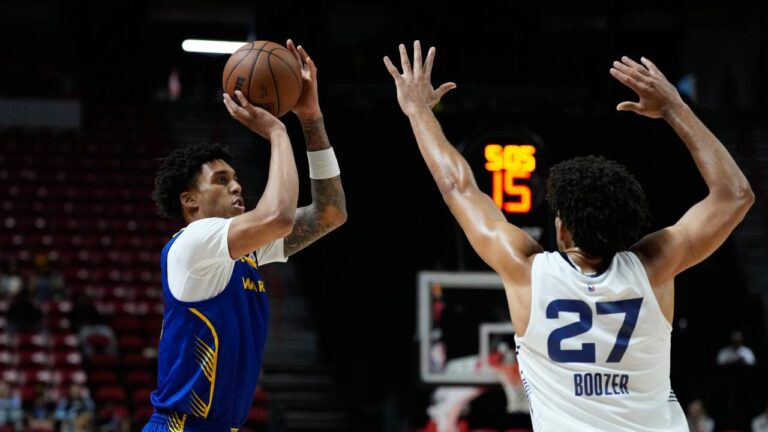 Golden State Warriors' Yaxel Lendeborg shoots over Memphis Grizzlies' Cameron Boozer during the first half of an NBA Summer League championship basketball game Sunday, July 19, 2026, in Las Vegas. (John Locher/AP)