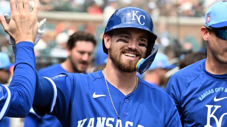 Kansas City Royals' Nick Loftin is congratulated after hitting a home run during the ninth inning of a baseball game against the Detroit Tigers, Saturday, July 25, 2026, in Detroit. (Jose Juarez/AP)