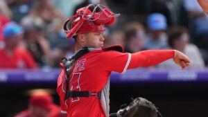 Los Angeles Angels catcher Logan O'Hoppe (14) in the seventh inning of a baseball game Sunday, Sept. 21, 2025, in Denver. (David Zalubowski/AP)