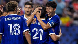 MLS all-star Son Heung-min (7) celebrates after scoring with Carles Gil (21) during the MLS All-Star soccer game Wednesday, July 29, 2026, in Charlotte, N.C. (Scott Kinser/AP)