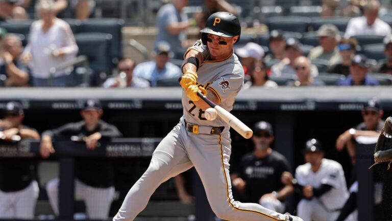 Pittsburgh Pirates' Jake Mangum (28) at bat in the fourth inning during the first baseball game of a doubleheader against the New York Yankees, Wednesday, July 22, 2026, in New York. (Adam Hunger/AP)