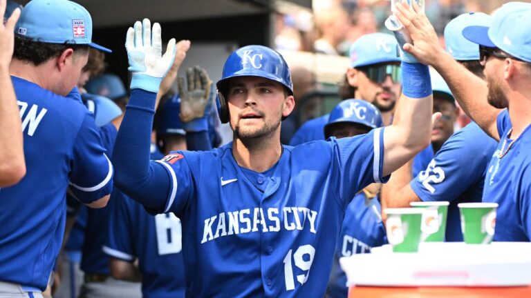 Kansas City Royals' Michael Massey (19) is congratulated by teammates after hitting a two-run home run during the eighth inning of a baseball game against the Detroit Tigers, Sunday, July 26, 2026, in Detroit. (Jose Juarez/AP)