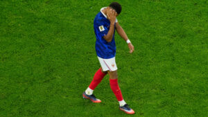 France's Kylian Mbappe walks off the pitch as time expires during the World Cup semifinal soccer match between France and Spain in Arlington, Texas, near Dallas, Tuesday, July 14, 2026. (David J. Phillip/AP)