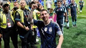 Argentina's Lionel Messi (10) reacts as he leaves the ground after their win in the World Cup semifinal soccer match between England and Argentina in Atlanta, Wednesday, July 15, 2026. (Jacob Kupferman/AP)