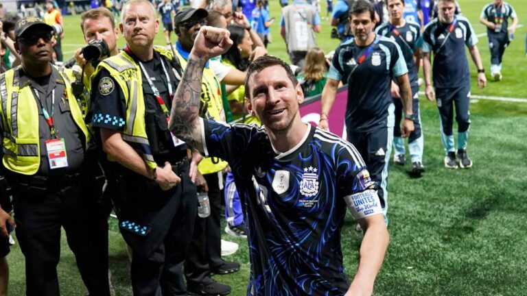 Argentina's Lionel Messi (10) reacts as he leaves the ground after their win in the World Cup semifinal soccer match between England and Argentina in Atlanta, Wednesday, July 15, 2026. (Jacob Kupferman/AP)