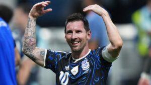 Argentina's Lionel Messi (10) reacts after their win in the World Cup semifinal soccer match between England and Argentina in Atlanta, Wednesday, July 15, 2026. (AP Photo/Jacob Kupferman)