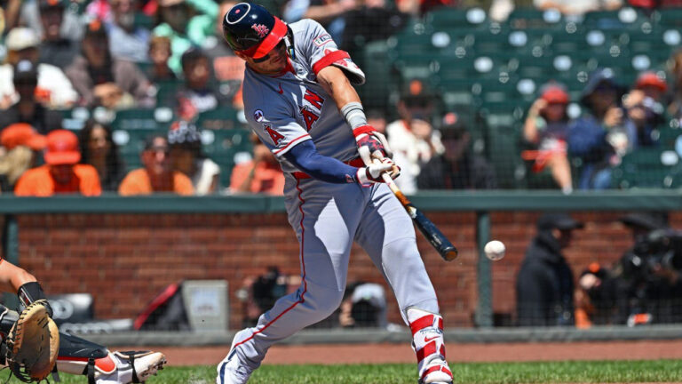 Los Angeles Angels' Mike Trout connects for a double in the first inning of a baseball game against the San Francisco Giants in San Francisco, Sunday, July 26, 2026. (Jose Carlos Fajardo/Bay Area News Group via AP)