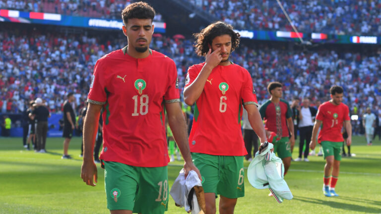 Morocco's Chadi Riad (18) and Ayyoub Bouaddi (6) walk off the pitch after the World Cup quarterfinal soccer match between France and Morocco in Foxborough, Mass., near Boston, Thursday, July 9, 2026. (Steven Senne/AP)