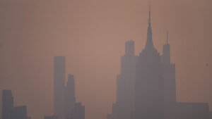 The New York City skyline is seen through a cover of wildfire smoke, in Jersey City, N.J., Friday, July 17, 2026. (Ryan Murphy/AP)