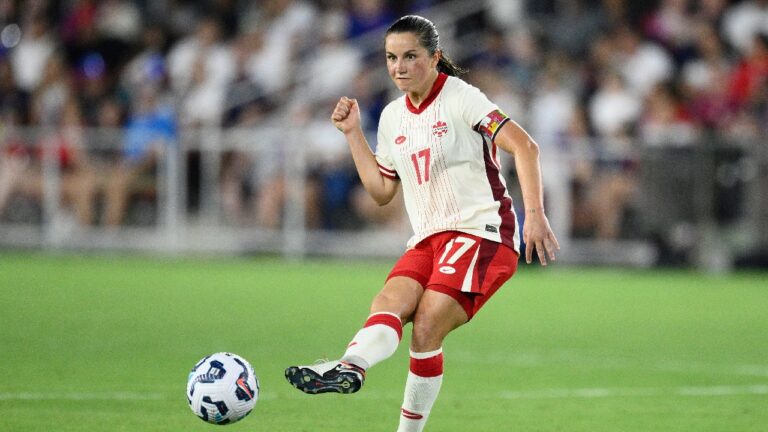 Jessie Fleming during Canada's international friendly soccer match against the United States, on Wednesday, July 2, 2025, in Washington. (Nick Wass/AP)