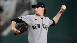 New York Yankees pitcher Max Fried throws to the Texas Rangers in the first inning of a baseball game Monday, April 27, 2026, in Arlington, Texas. (Tony Gutierrez/AP)