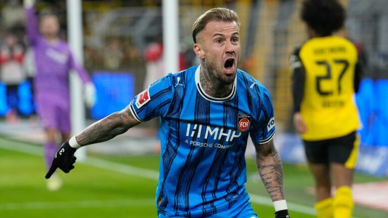 Heidenheim's Niklas Dorsch reacts during the German Bundesliga soccer match between Borussia Dortmund and FC Heidenheim in Dortmund, Germany, Sunday, Feb. 1, 2026. (Martin Meissner/AP)