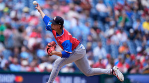 American League pitcher Nolan Perry throws in the third inning during the MLB All-Star Futures baseball game against the National League on Sunday, July 12, 2026, in Philadelphia. (Chris Szagola/AP)