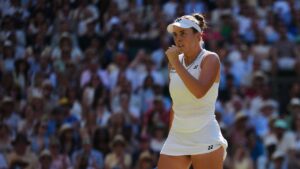 Linda Noskova of Czech Republic celebrates winning the first set against Karolina Muchova of Czech Republic in the women's singles final at Wimbledon Tennis Championships in London, Saturday, July 11, 2026. (Kirsty Wigglesworth/AP)