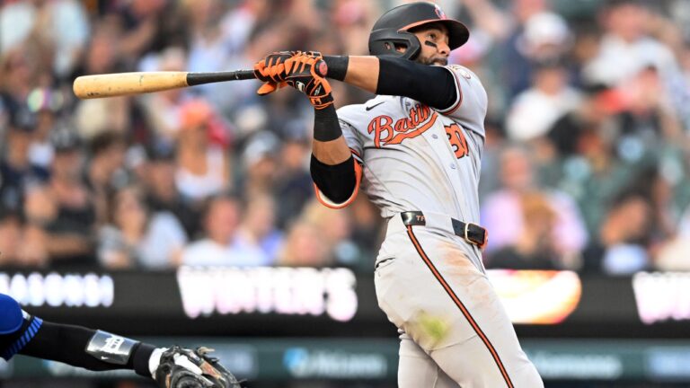 Baltimore Orioles' Leody Taveras watches his home run during the fifth inning of a baseball game against the Detroit Tigers, Monday, July 27, 2026, in Detroit. (AP Photo/Jose Juarez)