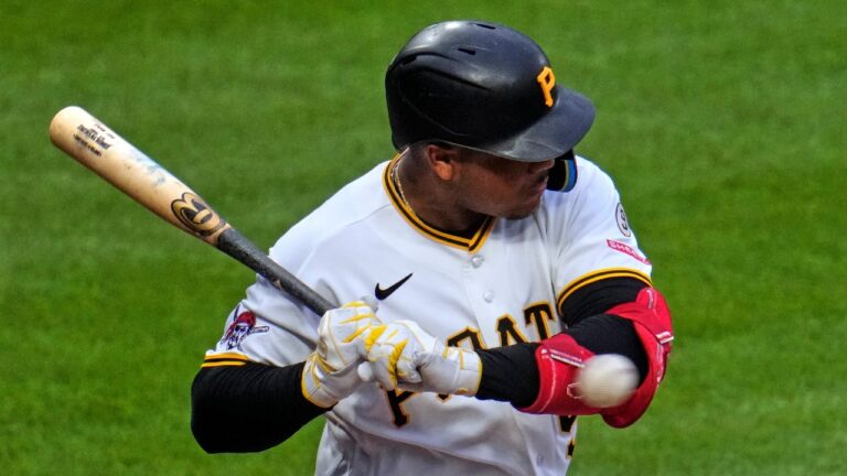 Pittsburgh Pirates' Esmerlyn Valdez is hit by a pitch from Arizona Diamondbacks' Merrill Kelly during the fourth inning of a baseball game in Pittsburgh, Monday, July 27, 2026. (Gene J. Puskar/AP)