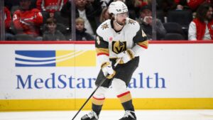Vegas Golden Knights defenceman Rasmus Andersson (4) in action during the first period of an NHL hockey game against the Washington Capitals, Friday, Feb. 27, 2026, in Washington. (Nick Wass/AP)
