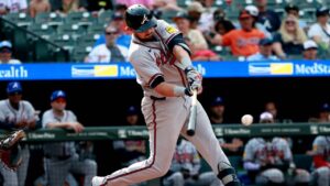 Atlanta Braves' Austin Riley hits an RBI double during the 11th inning of a baseball game against the Baltimore Orioles, Sunday, July 26, 2026, in Baltimore. (Daniel Kucin Jr./AP)