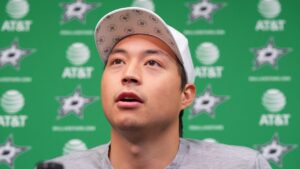Dallas Stars left wing Jason Robertson speaks during media availability Monday, May 4, 2026, in Frisco, Texas. (LM Otero/AP)