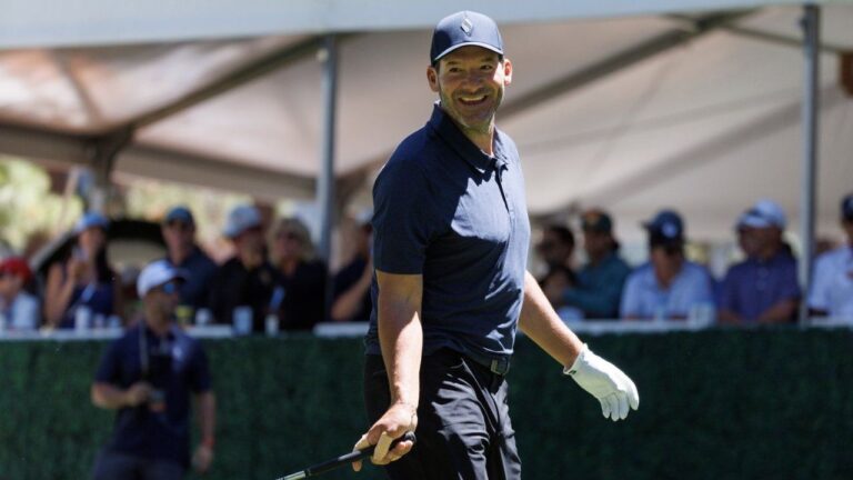 Tony Romo plays the 7th hole during the practice round of the American Century Championship Celebrity-Am Tournament at Edgewood Tahoe Golf Course in Stateline, Nevada, on Thursday, July 09, 2026. (Santiago Mejia/San Francisco Chronicle via AP)