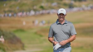 Rory McIlroy of Northern Ireland walks onto the 13th tee during a practice round for the British Open Golf championships at Royal Birkdale golf club, in Southport, England, Wednesday, July 15, 2026. (David Goldman/AP)