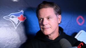 Toronto Blue Jays general manager Ross Atkins meets with media before the Jays take on the Cleveland Guardians in MLB baseball action in Toronto on Friday, April 24, 2026. (Jon Blacker/CP)