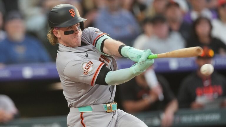 San Francisco Giants centre fielder Harrison Bader (9) in the fourth inning of a baseball game Friday, May 29, 2026, in Denver. (David Zalubowski/AP)