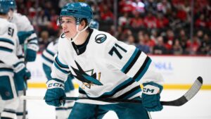 San Jose Sharks center Macklin Celebrini (71) in action during the first period of an NHL hockey game against the Washington Capitals, Thursday, Jan. 15, 2026, in Washington. (Nick Wass/AP)