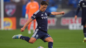 Vancouver Whitecaps FC midfielder Sebastian Berhalter kicks the ball during the first half of an MLS soccer match against FC Dallas in Frisco, Texas, Wednesday, May 13, 2026. (LM Otero/AP)