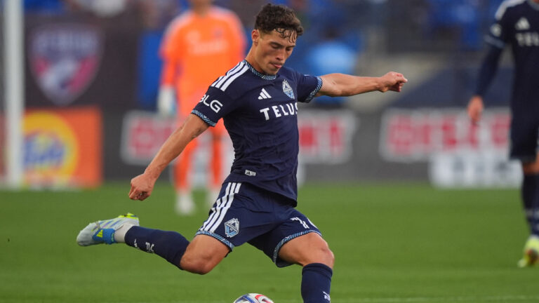 Vancouver Whitecaps FC midfielder Sebastian Berhalter kicks the ball during the first half of an MLS soccer match against FC Dallas in Frisco, Texas, Wednesday, May 13, 2026. (LM Otero/AP)