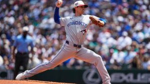Toronto Blue Jays starting pitcher Shane Bieber throws against the Seattle Mariners during the first inning of a baseball game, Saturday, July 4, 2026, in Seattle. (AP/Lindsey Wasson)