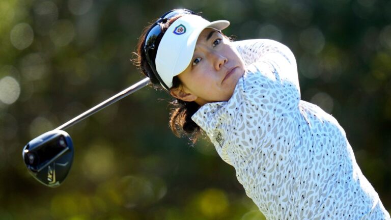 Jenny Shin, of South Korea, hits her tee shot on the fifth hole during the first round of The Annika LPGA golf tournament, Thursday, Nov. 13, 2025, in Belleair, Fla. (Chris O'Meara/AP)