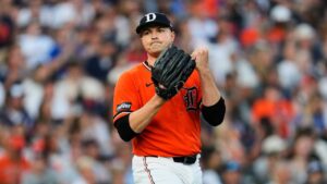Detroit Tigers pitcher Tarik Skubal reacts to the final out against the Kansas City Royals during the seventh inning of a baseball game Friday, July 24, 2026, in Detroit. (Paul Sancya/AP)