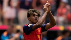 Spain's Lamine Yamal (19) celebrates at the end of the World Cup quarterfinal soccer match between Spain and Belgium in Inglewood, Calif., near Los Angeles, Friday, July 10, 2026. (Gregory Bull/AP)