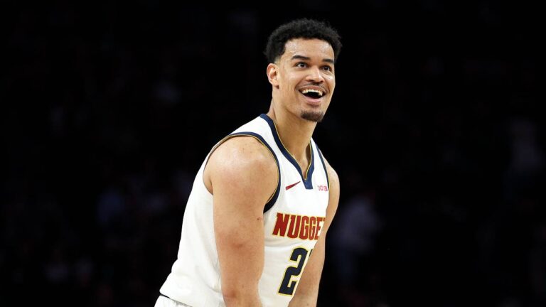 Denver Nuggets forward Spencer Jones (21) reacts during the first half of Game 6 of a first-round NBA basketball playoffs series against the Minnesota Timberwolves, Thursday, April 30, 2026, in Minneapolis. (Matt Krohn/AP)
