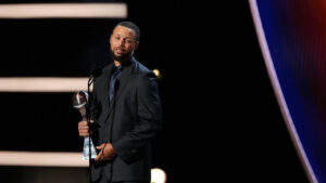Basketball player Stephen Curry accepts the Muhammad Ali Sports Humanitarian Award at the ESPY Awards in the David H. Koch Theater at Lincoln Center on Wednesday, July 15, 2026, in New York. (Frank Franklin II/AP)