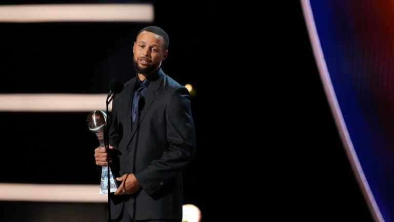 Basketball player Stephen Curry accepts the Muhammad Ali Sports Humanitarian Award at the ESPY Awards in the David H. Koch Theater at Lincoln Center on Wednesday, July 15, 2026, in New York. (Frank Franklin II/AP)