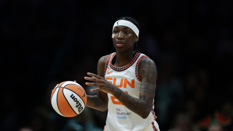 Connecticut Sun guard Saniya Rivers (22) dribbles during a WNBA basketball game against the New York Liberty in New York on Friday, May 8, 2026. (Adam Hunger/AP)