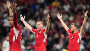 Switzerland's Nico Elvedi (4) reacts with teammates during the World Cup round of 32 soccer match between Switzerland and Algeria in Vancouver, British Columbia, Thursday, July 2, 2026. (Lindsey Wasson/AP)