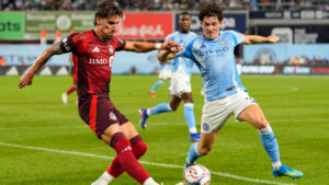 Toronto FC forward Theo Corbeanu plays the cross during the first half of an MLS soccer game against the New York City FC, Friday, July 31, 2026, in New York. (Yuki Iwamura/AP)